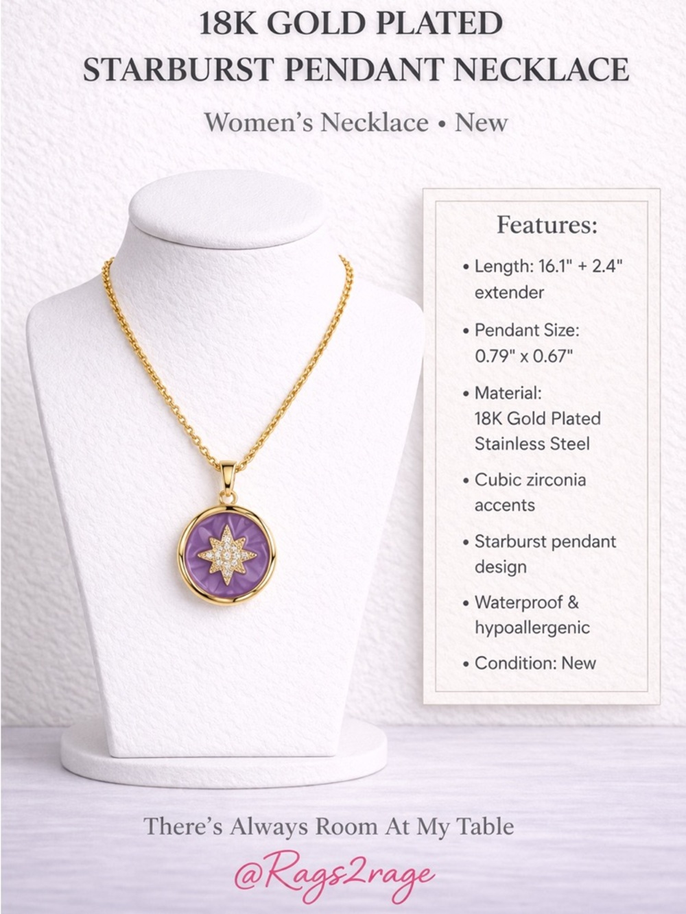 Gold Starburst Pendant Necklace Purple CZ Waterproof Stainless Steel NWT - Picture 2 of 3